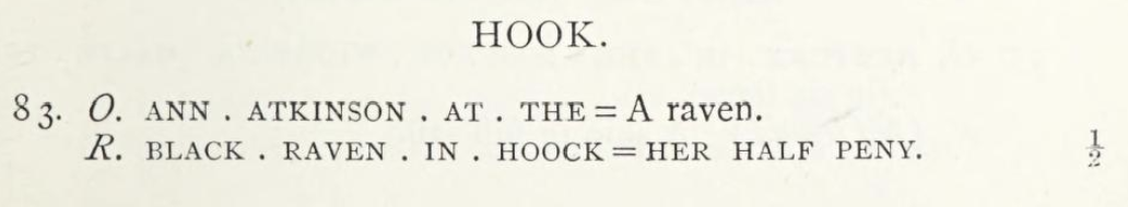 Entry from Boyne's Trade Tokens showing Ann Atkinson's halfpenny token for the Black Raven in Hook (spelled 'HOOCK')