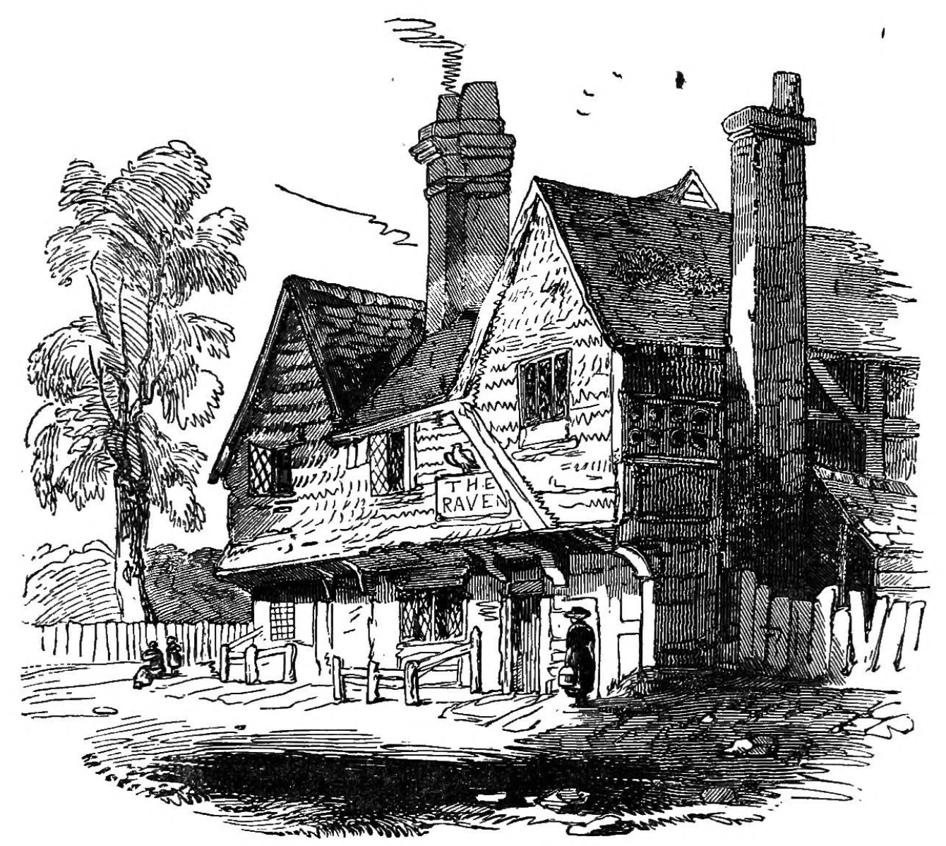 The Raven inn at Hook in 1832, showing the timber-framed Tudor coaching inn while still active with 'THE RAVEN' sign visible
