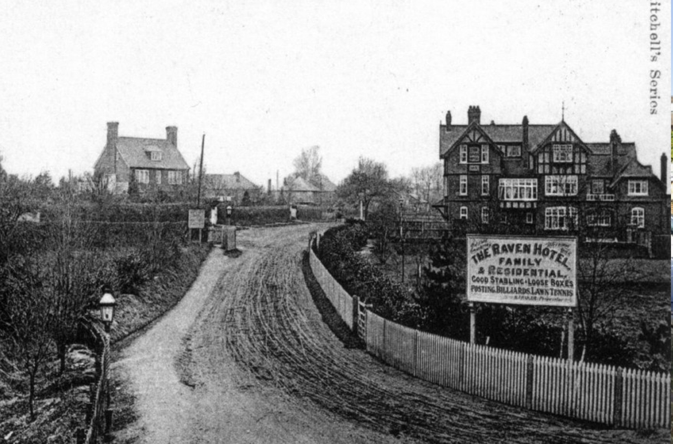 Edwardian postcard titled 'Station View, Hook' showing the Raven Hotel shortly after opening, with advertising sign reading 'Family and Residential, Good Stabling, Loose Boxes, Posting, Billiards, Lawn Tennis'